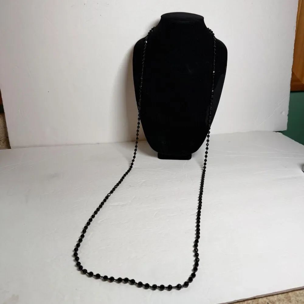 Vintage Made in Austria Black Crystal Glass Bead Opera Necklace 60" Hand Knotted